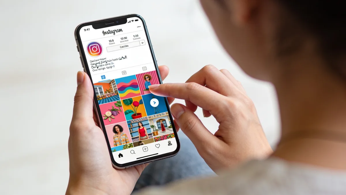 Pessoa deslizando o dedo na tela de um iPhone para puxar o segundo slide de um carrossel colorido do Instagram