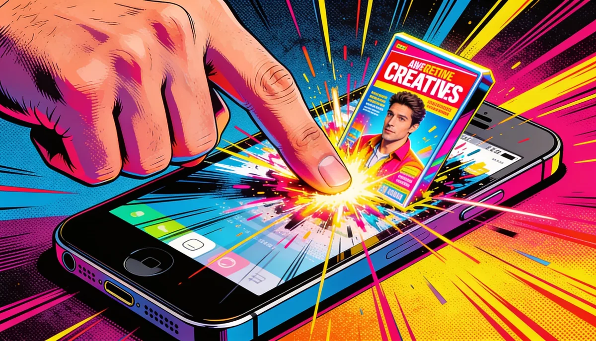 Estilo pop-art: um dedo rolando o feed do celular e um anúncio explodindo para fora da tela