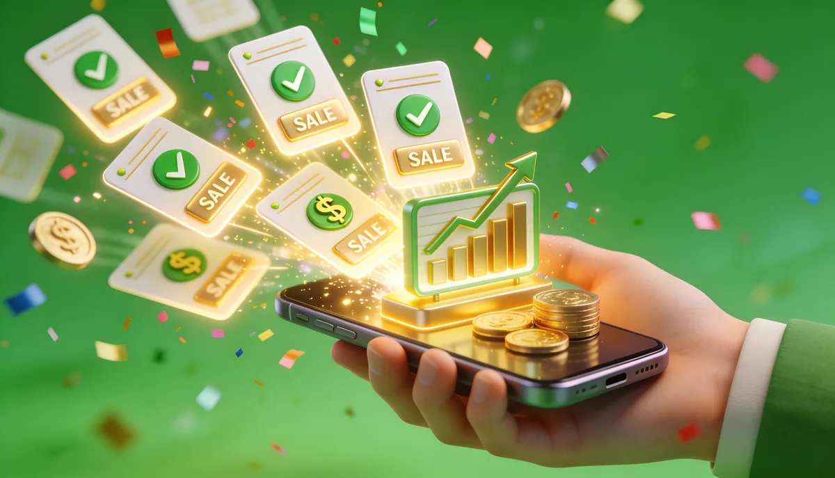 Celular recebendo notificações de venda online com gráfico de vendas subindo, moedas e confete, representando vendas de infoproduto
