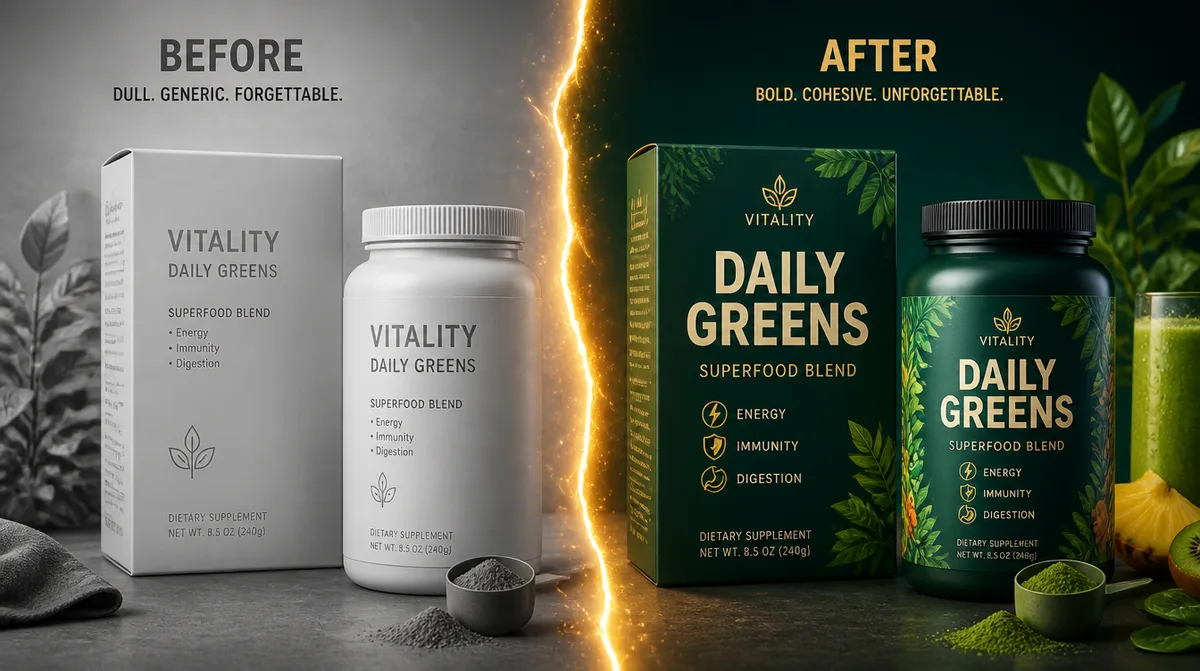 Antes e depois de um produto: versão genérica e sem graça à esquerda, versão com identidade visual forte e vibrante à direita