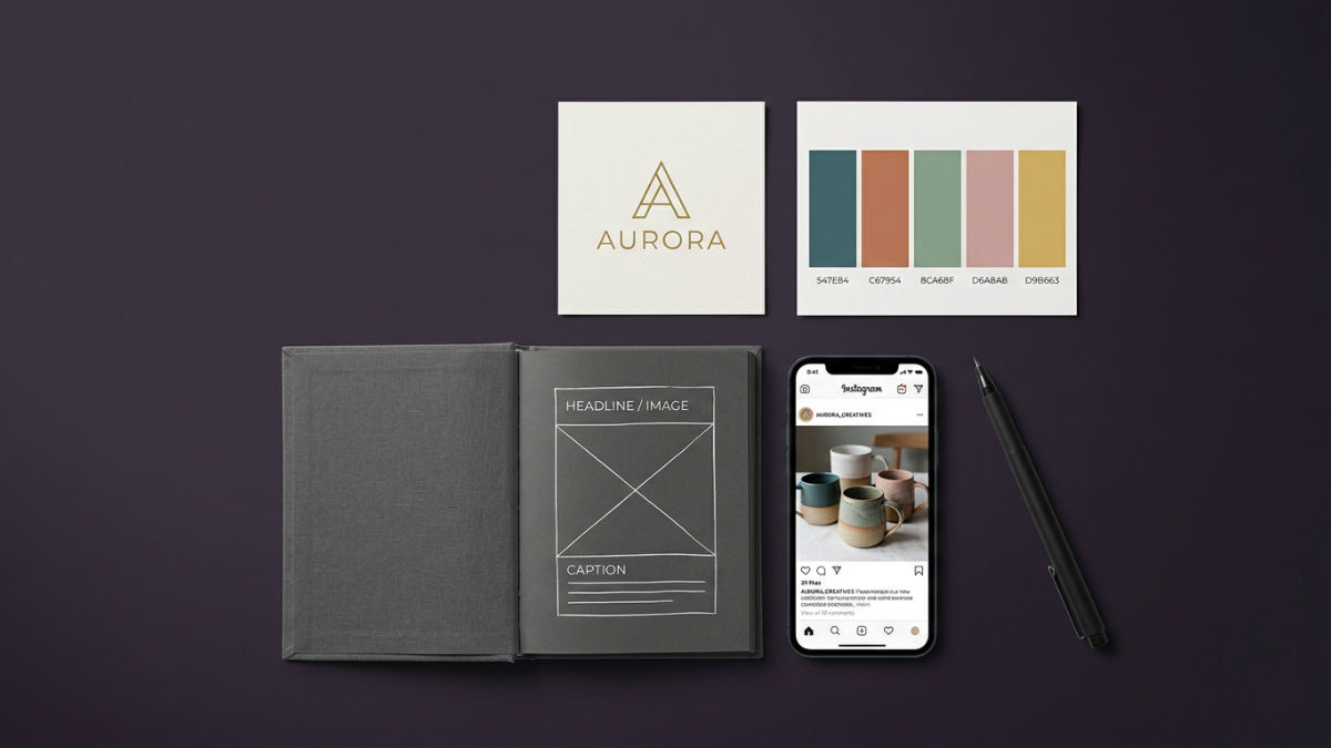 Flat lay aéreo minimalista e elegante de um kit essencial de design para quem começa a vender online: um logo simples impresso, cartões com uma paleta de cores, um modelo de criati