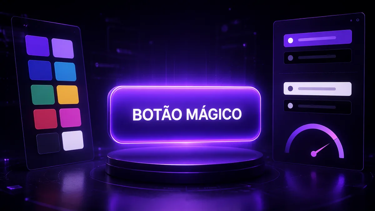 Ilustração em roxo escuro com um grande botão luminoso escrito BOTÃO MÁGICO ao centro, ao lado de uma paleta de cores e de um painel de teste de contraste