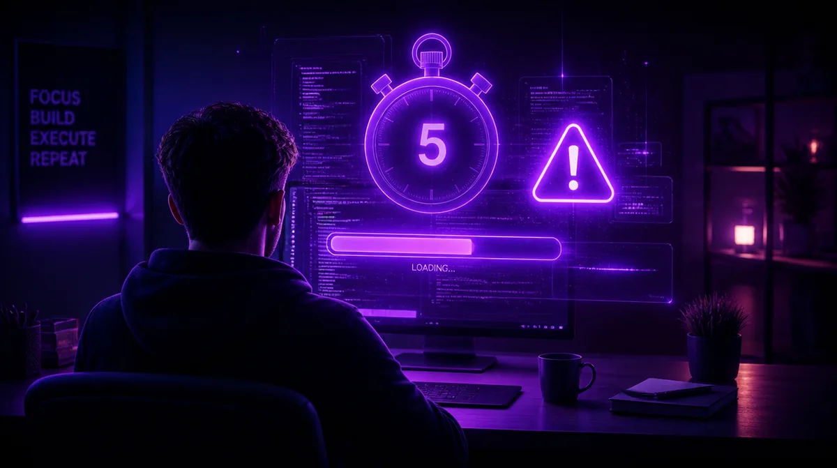 Pessoa olhando para a tela de um computador com elementos holográficos roxos: relógio marcando 5 segundos, ícone de atenção e barra de carregamento