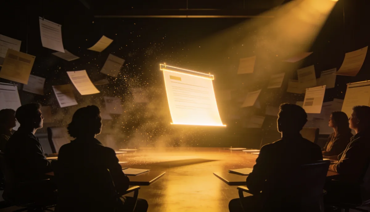 Sala escura com um único slide iluminado roubando a atenção da plateia, enquanto slides poluídos se desfazem ao redor